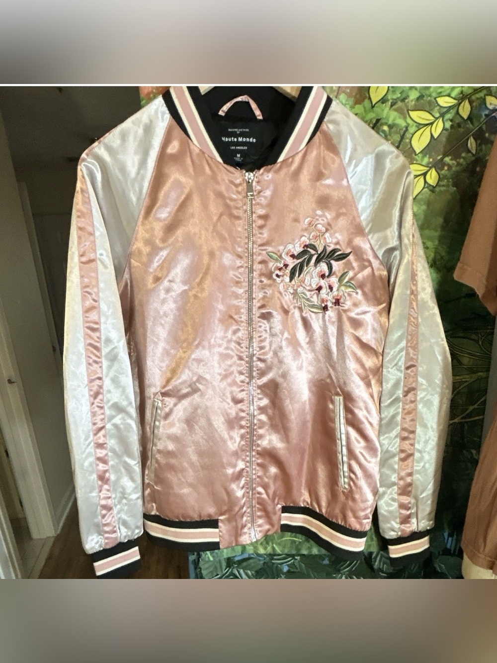 Haute Monde LA Pink Satin Embroidered Bomber Jacket Size: M / NWOT